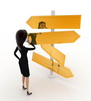 3d  woman looking at road sign board to find direction concept on white background, back angle view