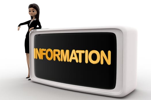 3d woman with information board concept on white background, side  angle view