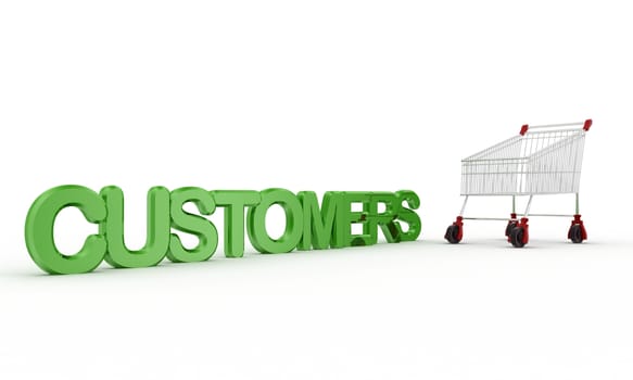 3d customers with cart concept on white background, side angle view