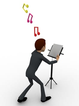 3d man with music notes and script concept on white background, back angle view