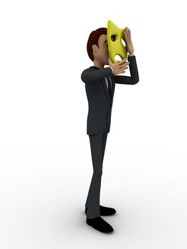 3d man wear unhappy mask concept on white background,  side angle view