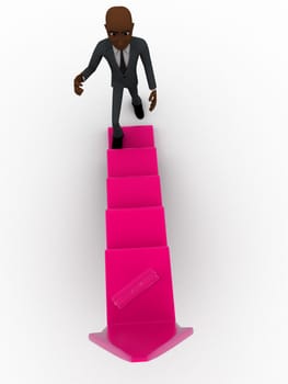 3d man walking on arrow stairs concept on white background,  top  angle view