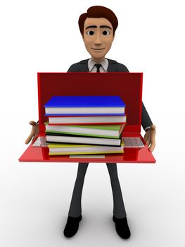 3d man holding books on laptop concept on white background, front angle view