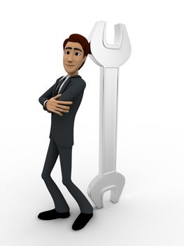 3d man leaning on wrench concept on white background,  side  angle view
