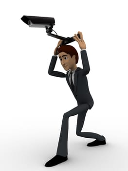3d man holding cctv security camera on head concept on white background, side angle view