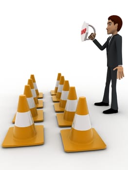 3d man with traffic cones and stop sign concept on white background, side angle view