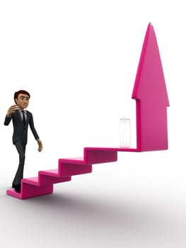 3d man walking on arrow stairs concept on white background,  side angle view