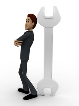 3d man leaning on wrench concept on white background, front angle view