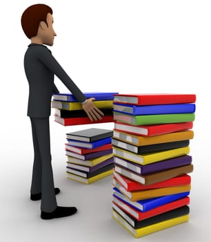 3d man with many books concept on white background, back angle view