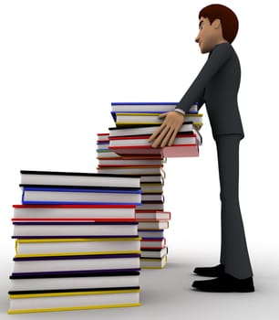 3d man with many books concept on white background, side angle view
