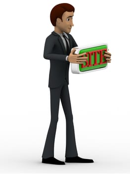 3d man holding site text board concept on white background,  side angle view