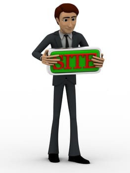 3d man holding site text board concept on white background, front angle view