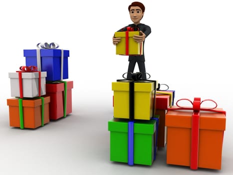 3d man with many gifts concept on white background, front angle view