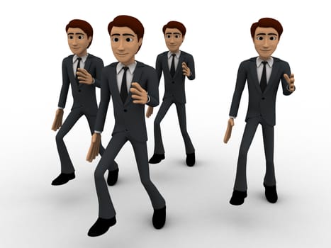 3d men doing march concept on white background, front angle view