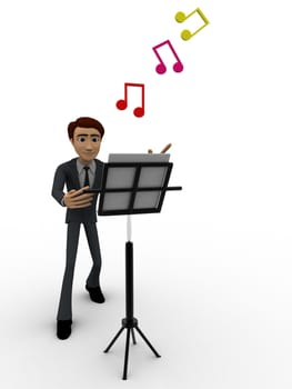 3d man with music notes and script concept on white background, front angle view