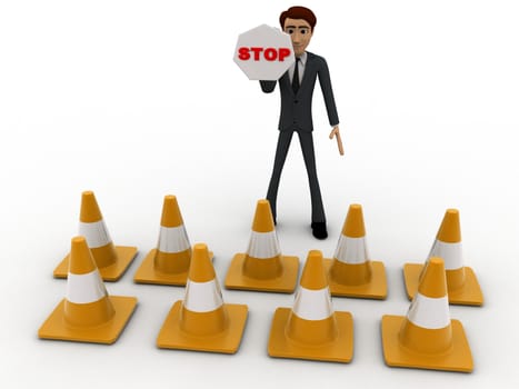 3d man with traffic cones and stop sign concept on white background, front angle view