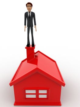 3d man standing on home concept on white background, front angle view