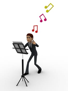 3d man with music notes and script concept on white background, side angle view