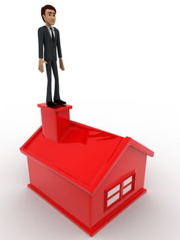 3d man standing on home concept on white background, top  angle view