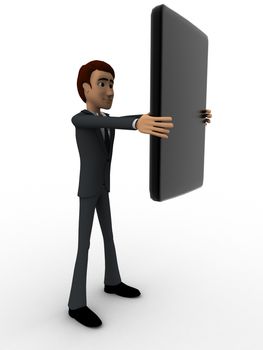 3d man with touch samrtphone concept on white background, side  angle view