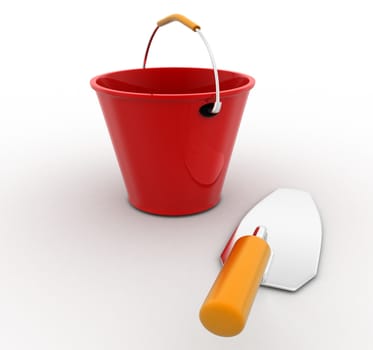 3d construction tool with bucket concept on white background,  side angle view