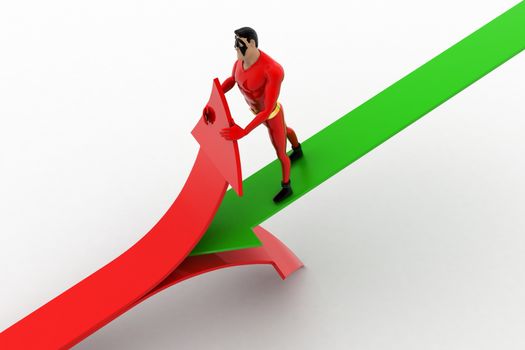 3d superhero  cut red arrow using green arrow concept on white background, side angle view