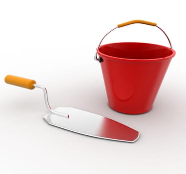 3d construction tool with bucket concept on white background,  front angle view