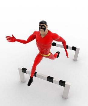 3d superhero  jump barrier in race concept on white background, top angle view