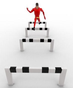 3d superhero  jump barrier in race concept on white background, front angle view