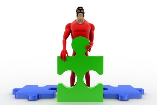 3d superhero  holding piece of puzzle concept on white background, front angle view