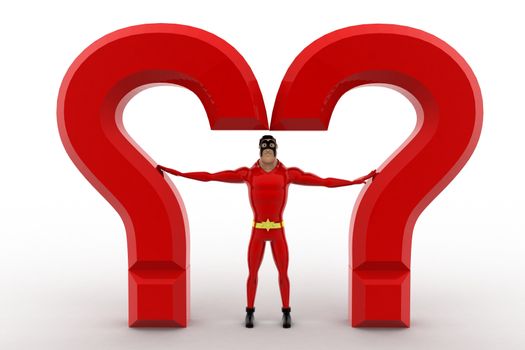 3d superhero  standing between question mark concept on white background, front angle view