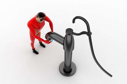 3d superhero  drawing water from water pump concept on white background, top angle view