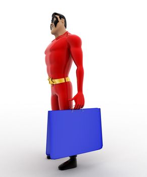 3d superhero  with blue bag concept on white background,  side angle view