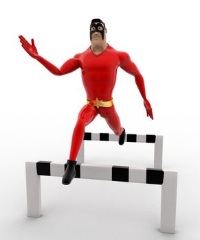 3d superhero  jump barrier in race concept on white background, side angle view