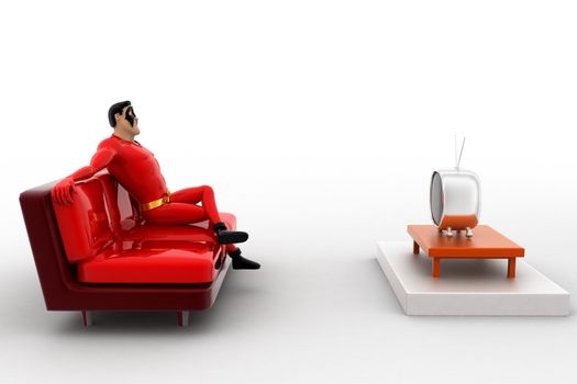 3d superhero  watching tv concept on white background,  side  angle view