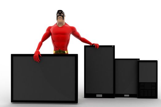 3d superhero  with tablet and touch phones concept on white background, front angle view