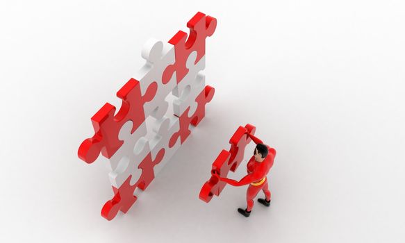 3d superhero  put last piece of puzzle on puzzle concept on white background, top  angle view