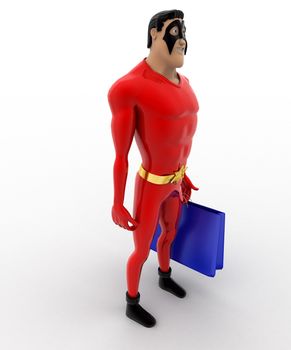 3d superhero  with blue bag concept on white background,  top side angle view