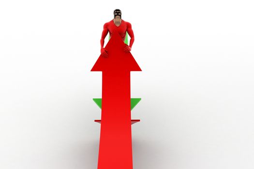 3d superhero  cut red arrow using green arrow concept on white background, top front angle view