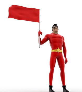 3d superhero  with red flag concept on white background, low angle view