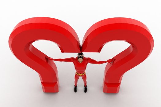 3d superhero  standing between question mark concept on white background, top angle view