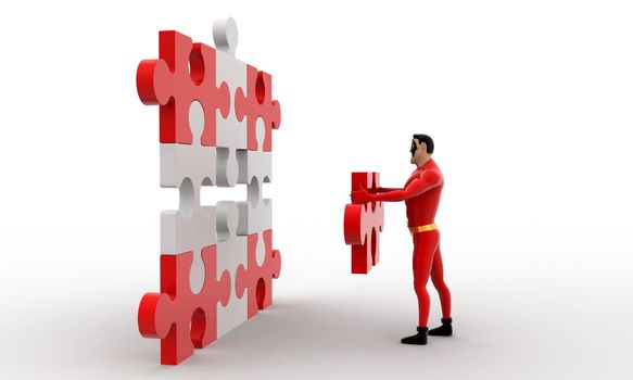 3d superhero  put last piece of puzzle on puzzle concept on white background, side angle view