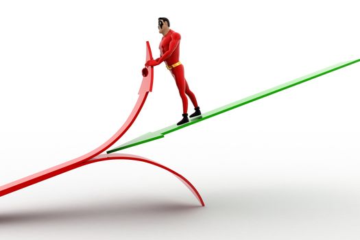 3d superhero  cut red arrow using green arrow concept on white background, front angle view