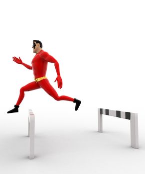 3d superhero  jump barrier in race concept on white background, side angle view