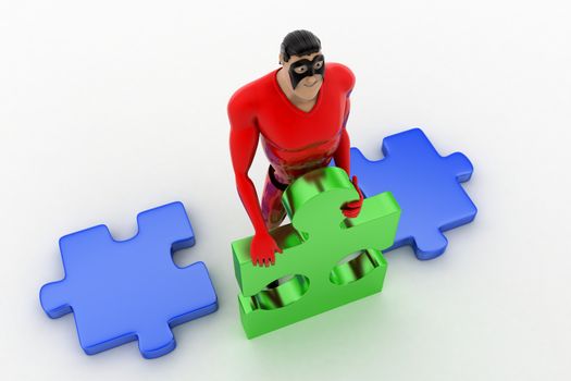 3d superhero  holding piece of puzzle concept on white background, top angle view