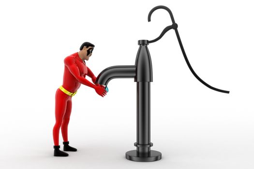 3d superhero  drawing water from water pump concept on white background, front angle view