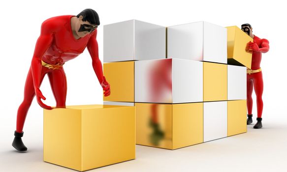 3d superhero  making big cube from small silver and golden cubes concept on white background, side angle view
