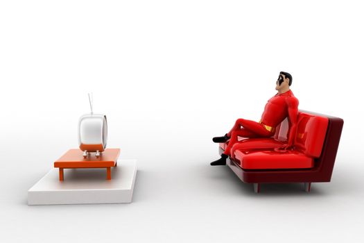 3d superhero  watching tv concept on white background,  side  angle view