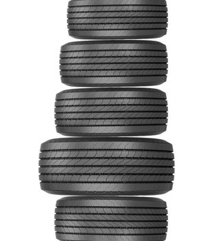 Column of tires isolated on the white background