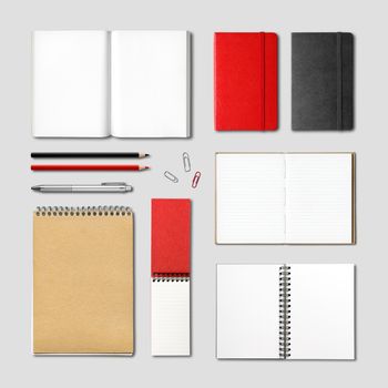 stationery books and notebooks mockup template isolated on grey background
